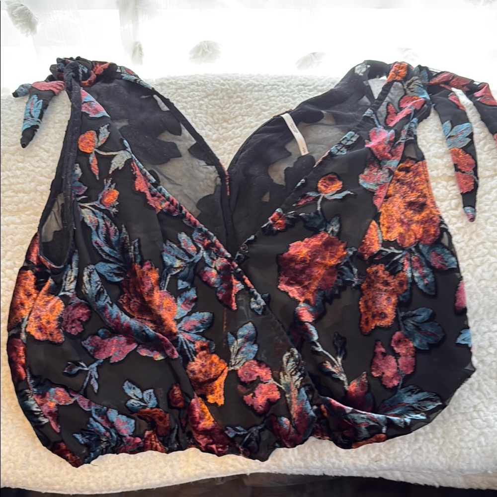 Free People Floral Women's Top - Black/multi-color, shoulder tie, elastic waist